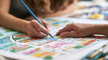 Naklejka premium Two hands collaboratively coloring a vibrant illustrated map of a neighborhood with a blue pencil