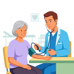 Fototapeta premium Doctor Checking Elderly Woman's Blood Pressure in Clinic with Stethoscope and Sphygmomanometer