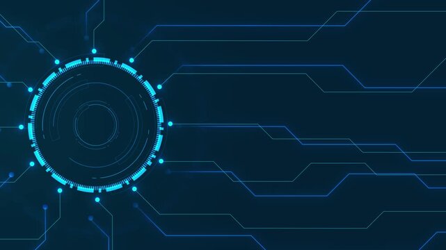 Left side HUD circuit visual glowing blue ring, extended digital routes, and clean dark area for titles. 19 presentations, app intros, cyber reports, software screens, motion graphics.