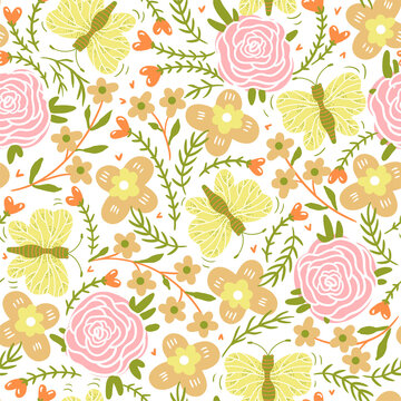 Hand-Drawn Seamless Floral Background with Botanical Flowers, Roses, Lotus, Hearts, Leaves and Blossoms | Elegant Spring Summer Nature Wallpaper Pattern | Soft Pastel Vector Line Art for Fabric, Texti