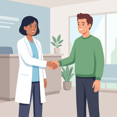 Fototapeta premium Diverse Doctor and Patient Shaking Hands in Modern Medical Office - Flat Vector Illustration