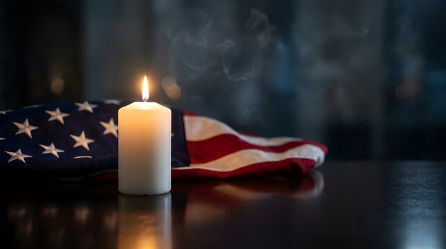 Lit candle next to folded american flag on table
