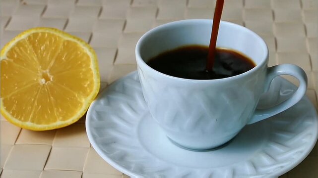 Dark coffee pours smoothly into white textured cup on matching saucer, bright lemon slice rests on woven mat