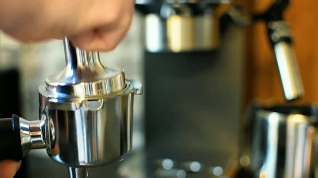 Hand holds shiny metal portafilter filled with fresh ground coffee while leveling powder evenly for precise espresso prep
