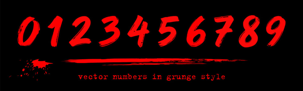 Red numbers set from 0 to 9 in grunge brush style, hand drawn with ink splash and paint stroke, isolated on black background. Vector numbers in grunge style on a black background