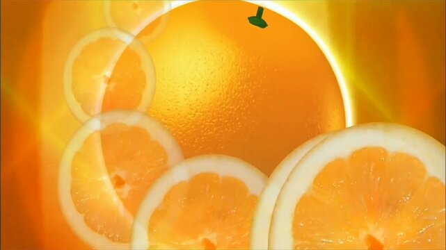 right glowing orange citrus fruit with thin translucent slices layered against warm golden radiant light background