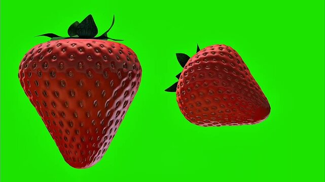 Two glossy ripe red strawberries with leafy green tops isolated vividly against solid bright green chroma key background