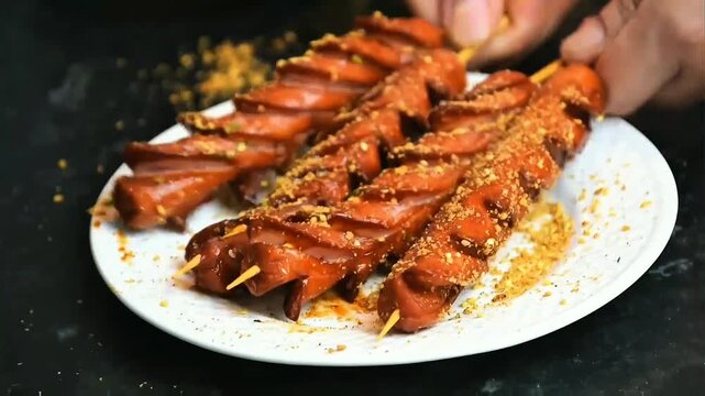 Golden-brown grilled sausage skewers scored and sprinkled with savory spice crumbs, served on textured white ceramic plate