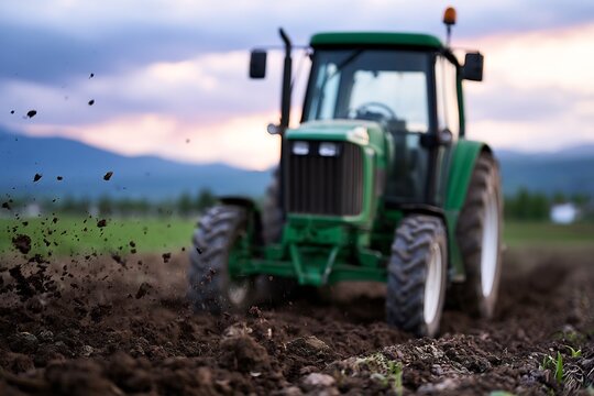 Robust green tractor plows rich soil under a cloudy sky, showcasing modern agricultural work and farming efficiency.