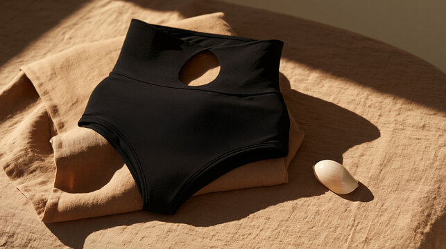monokini. Black monokini with vertical cutout and seashell, minimalist beachwear style and summer fashion concept, lifestyle magazines.