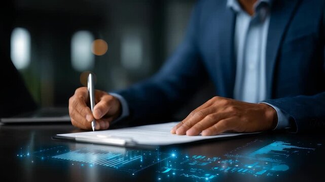 Professional male executive uses stylus to sign electronic paperwork, integrating advanced digital solutions. Workspace features glowing holograms, financial analytics, symbolizing digital