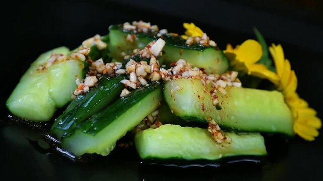 Crisp fresh cucumber wedges coated with minced garlic, chili flakes and glossy oil, bright yellow flower garnish on dark plate