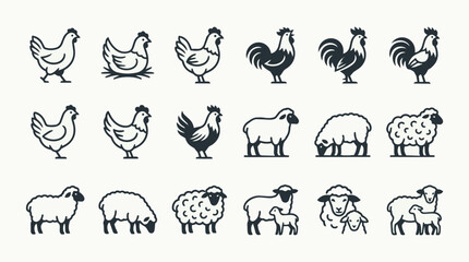 Obraz premium Set of farm animal illustrations for children's books. Hand-drawn vector livestock icons in black and white line art style.