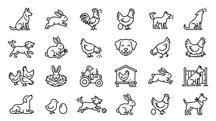 Obraz premium Hand-drawn farm animal icons set in continuous line art style. Minimalist vector illustrations of pets, livestock, and wildlife for design projects.