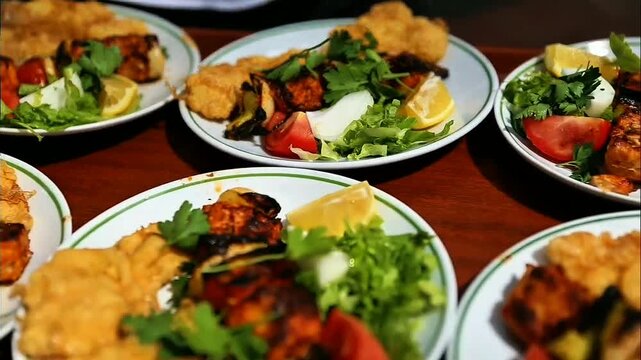 Assorted golden crispy fried fillets, charred grilled skewers, fresh greens, tomato and lemon wedges served on patterned white plates