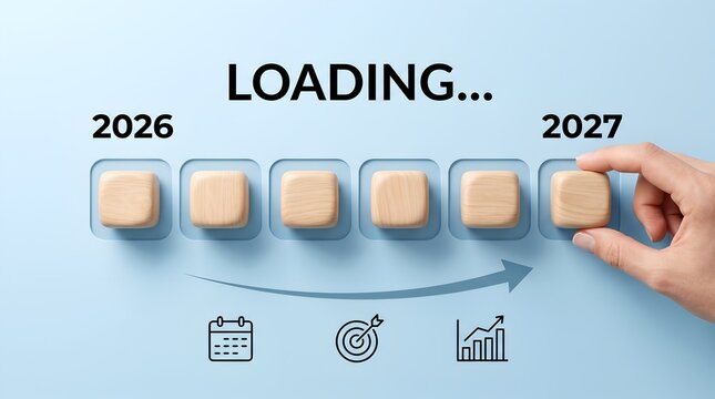 Loading 2027 progress with wooden blocks and icons