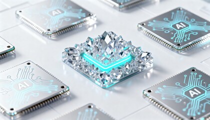 Fototapeta premium Shiny crystal computer processor chip glowing with blue light represents advanced artificial intelligence hardware technology innovations