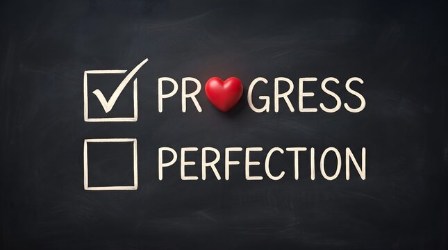 Progress over perfection checklist with red heart on blackboard