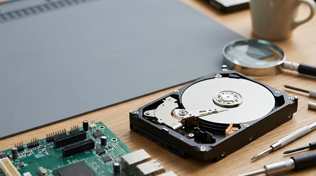 A detailed view of the internal components of a hard disk drive placed on a technician's desk alongside a computer motherboard representing data storage hardware repair and information technology