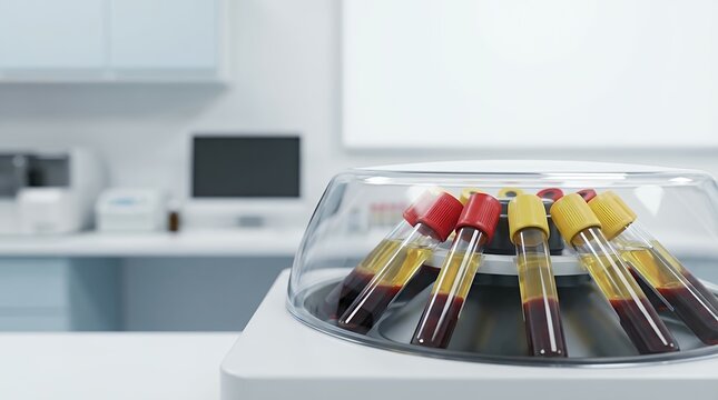 A 3D rendering of blood test tubes placed inside a centrifuge machine illustrating the process of plasma preparation in a medical hematology laboratory concept blood test blood samples test tubes
