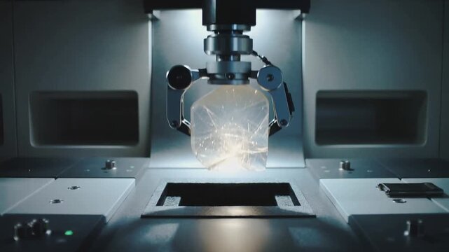 Robotic arm gripping a transparent crystalline in a laboratory setting gripper clamp