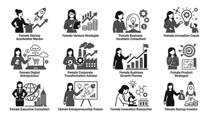 Obraz premium Female Entrepreneurship Icons: Business Growth, Startup, Innovation, Strategy, Research