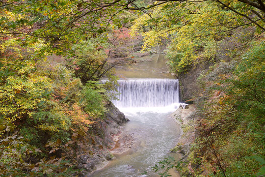 Small waterfall next to the Naruko Gorge Walking Trail. Naruko Gorge is a well-known autumn tourist attraction in Japan.