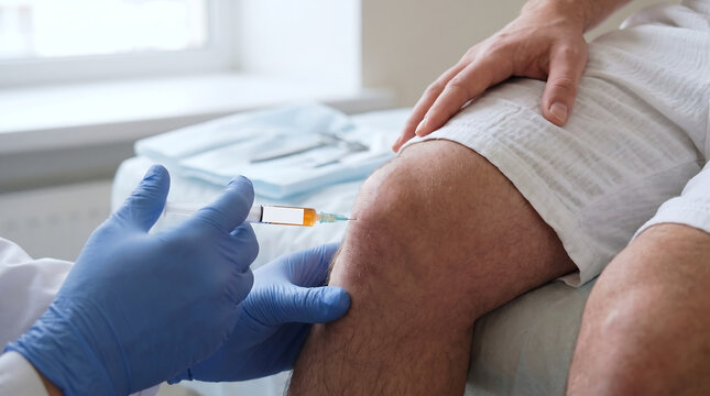 A close-up shot of a healthcare professional in blue gloves administering an injection to a patient's knee for medical treatment.