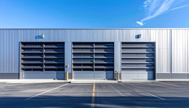 Modern Industrial Warehouse with Three Large Loading Bay Doors Under Blue Sky.