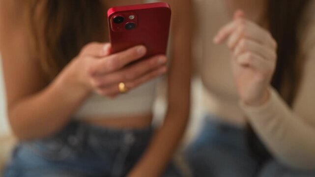 Woman holding red smartphone, hand tapping the touchscreen, gold ring visible, seated on a bed wearing jeans with long hair in a building; casual friendship.