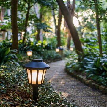 Contemporary Solar-Powered Light Fixture Casting Warm Glow on Elegant Patio, Enhancing Evening Ambiance with Eco-Friendly Illumination