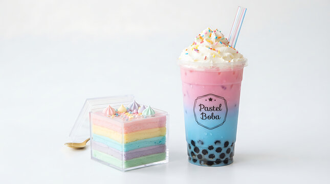 Colorful bubble tea with rainbow layers and toppings
