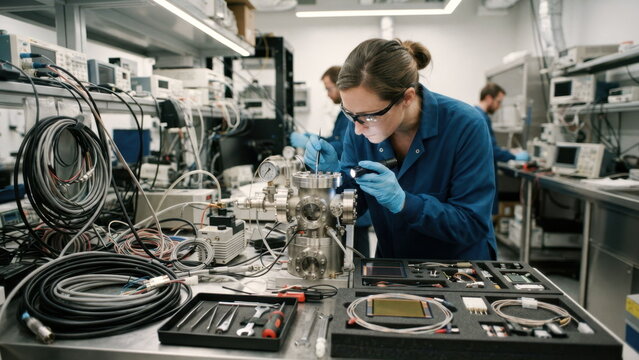Scientist inspects vacuum chamber cables and detector parts on antistatic tray in particle physics lab