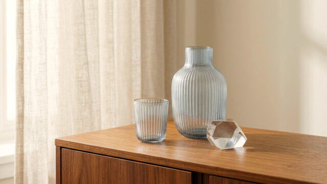 handblown ribbed glass vase, tumbler, and crystal paperweight on walnut credenza with daylight and open space for interior decor