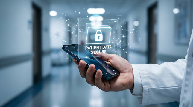 Hospital personnel using smartphone with projected patient data secure symbol to ensure privacy and safety security hospital technology healthcare protection