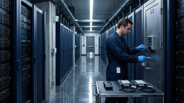 Air-gapped data center corridor with locked server cabinet, anti-static gloves, sealed drives, and authentication token for classified data handling