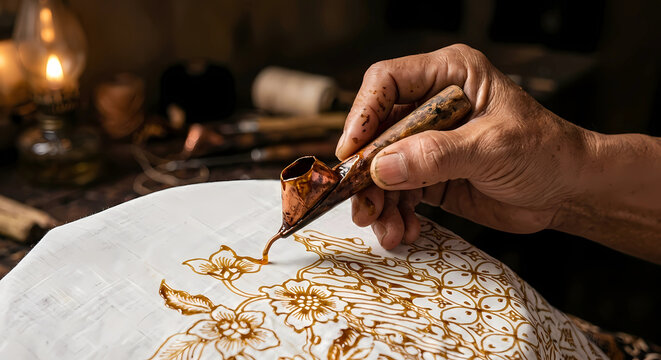 Close up of traditional Indonesian batik artisan drawing wax pattern with canting