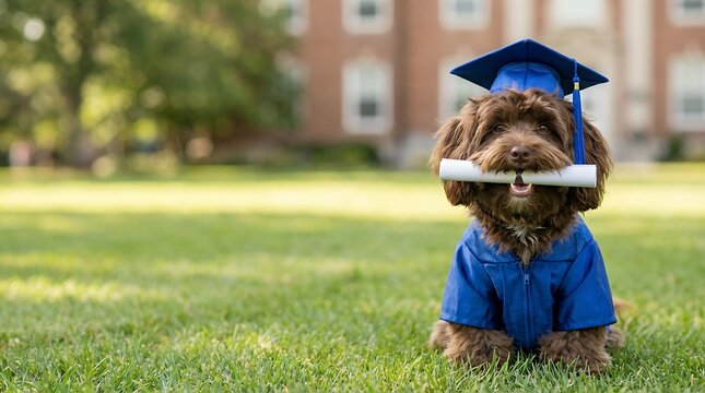 Adorable and Distinguished Chocolate Brown Havanese Dog Celebrating Graduation Wearing a Cute Blue Cap and Gown Proudly Displaying Its Diploma for a Fun Achievement Moment graduation dog havanese