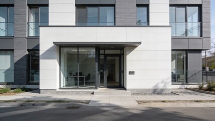 Fototapeta premium Modern office headquarters with landscaped front yard and sleek architectural design.