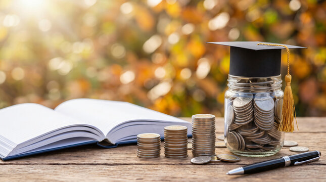 Saving money school coin jar book graduation cap education budget fund. Education learning study graduation. back school shopping, finance budget cost planning, scholarship loan