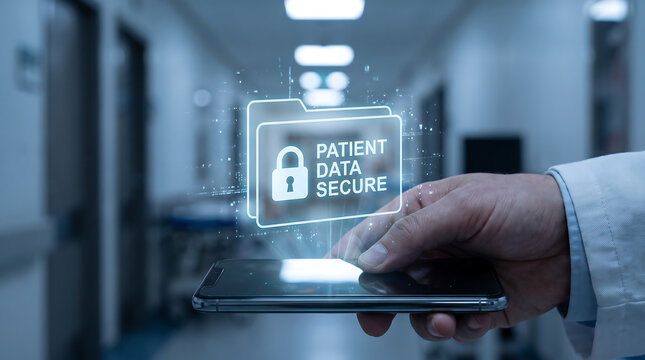 Medical professional using smartphone with holographic patient data secure display in hospital hallway security technology hospital information hologram protection