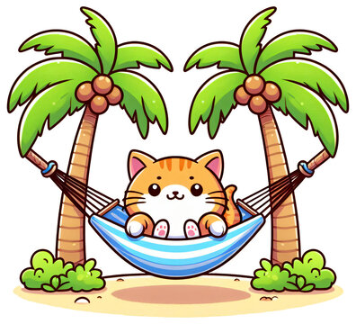 A cat relaxing in a hammock between two palm trees, Japanese tropical cartoon style