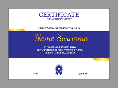 Formal certificate template with white background, blue band, gold accents, and emblem for professional recognition in events/workshops.