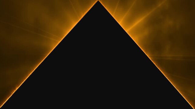 Mystic orange triangle portal visual fiery edges, black pyramid shape, glowing smoke, cinematic golden rays. for fantasy titles, brand reveals, premium intros, dramatic trailers, and motion graphics.