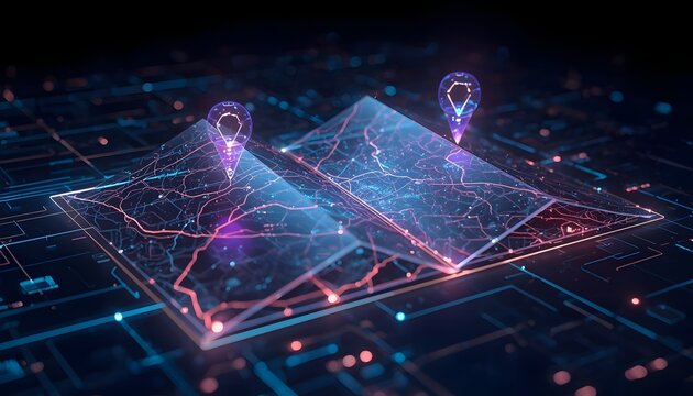 Futuristic holographic map with navigation pins. Digital 3D interface for global logistics.