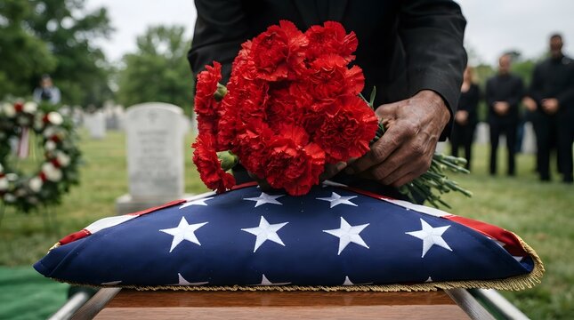 Person placing flowers on a casket. Military funeral with American flag and red carnations.