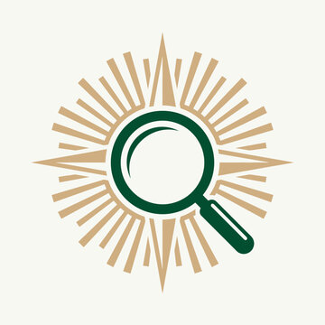 Green magnifying glass with golden sunburst rays.