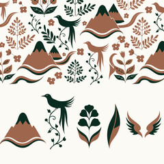 Fototapeta premium Batik Semen Seamless Pattern with Mountain and Bird Motifs (2 Versions)