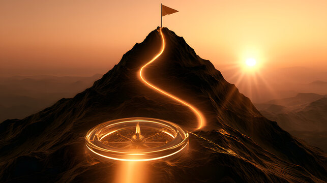A compass base that glows with a path leading to a mountain summit illuminated by sunset, symbolizing the achievement of business goals and the strategic journey