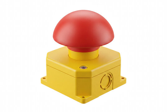 Large Red Mushroom Head Emergency Stop Switch on Yellow Enclosure